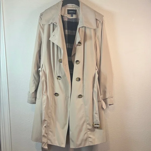 London Fog Tan Trench Coat 2X Double Breasted Belted Removable Plaid Liner Class - Picture 3 of 12